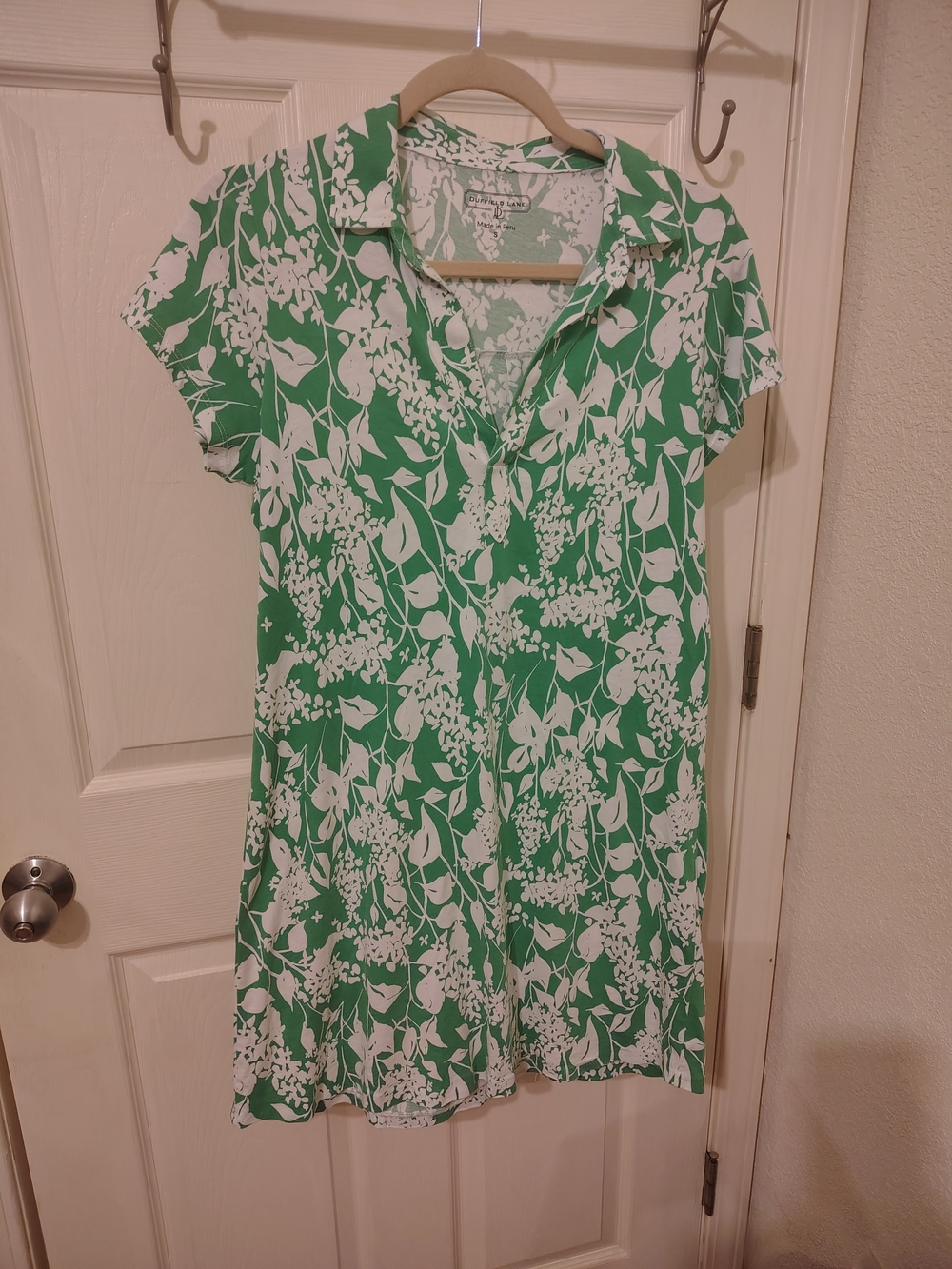 Duffield Lane Short Sleeve Kit Collard Dress Green Garden Women's S Green White